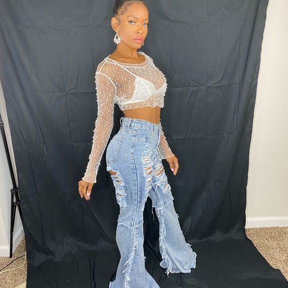 Distressed Frayed Bell Bottom Jeans - Picture 2 of 4